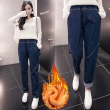 Для женщин осень-зима хлопок Брюки для девочек плюс толстый бархат Джинсы для женщин свободные эластичный пояс Дамские шаровары одноцветное Цвет плюс Размеры 5xl