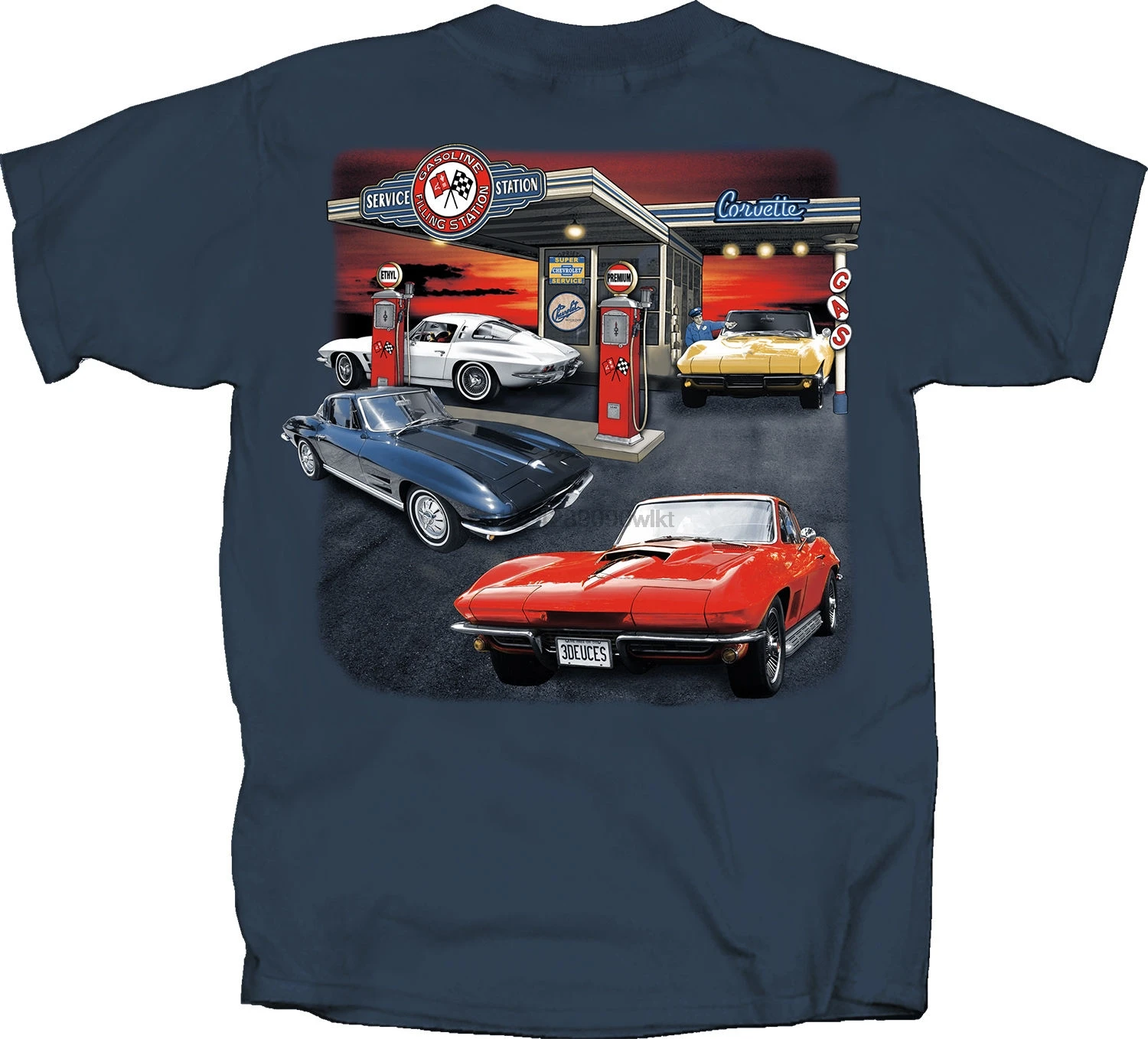 

Chevy Corvette Stingray Mens T-Shirt~1963 1964 1965 1967~Gas Service Station