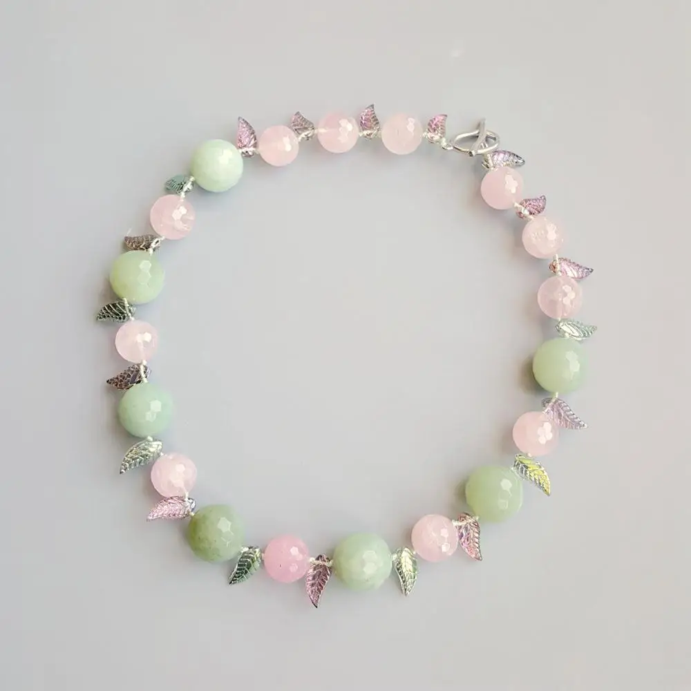 

Lii Ji Natural Green Jade Rose Quartz Crystal Leaves Toggle Clasp Necklace 52cm