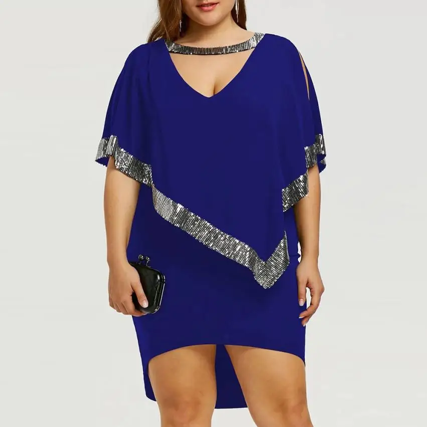 

CHAMSGEND Women Plus Size Sequined Decorated V-Neck Half Sleeve Sparkly Capelet Loose large size Dress Drop Shipping 1M9&*