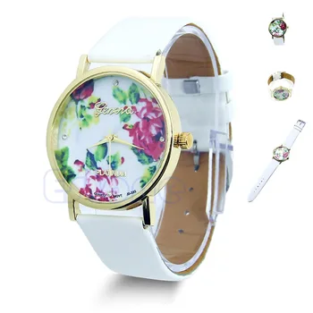 

Geneva Leather Rose Flower Watch Women Girl Quartz Watches High Quality