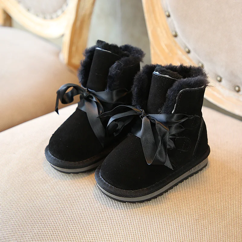 Зимняя обувь для девочек, новые модные детские Зимние сапоги из натуральной кожи теплая шерсть обувь на толстой подошве; для детей; Riband; сапоги "принцесса"