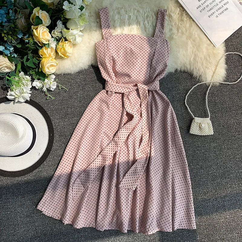 

2019 Summer Korean Dot Print High Waist A-line Casual Dress Women Sleeveless Elegant Vestidos G112