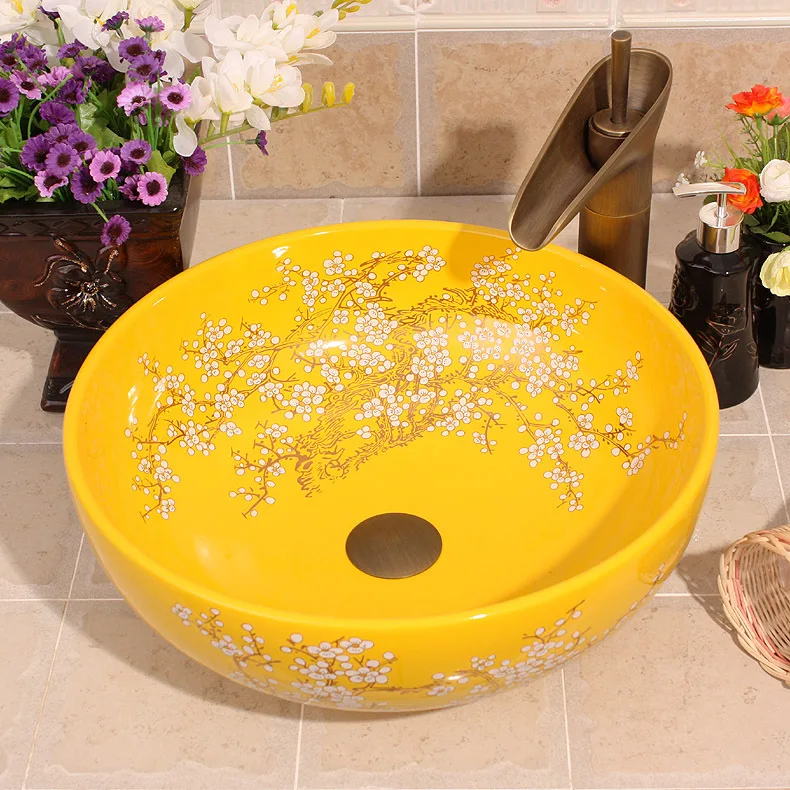 Керамическая Мойка для ванной комнаты с изображением цветов сливы sink basket