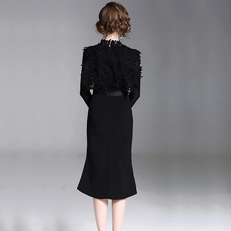 Youthreadyv 2018 Summer Dress Women Long Sleeve Black Solid Lace Midi Long Party Dress Elegant Casual Vintage Dresses Robe Femme Dresses