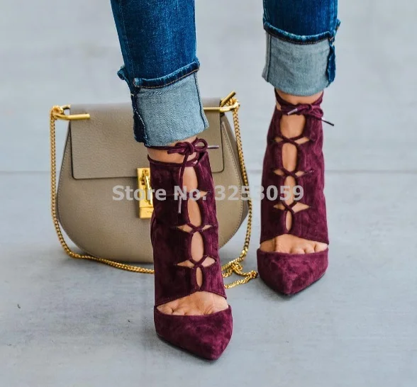 Sexy Women Wine Red Suede Pointed Toe Pumps Lace-up Hollow Out High Heels Unique Brand Office Lady Cut-out Burgundy Dress Shoes Sexy Women Wine Red Suede Pointed Toe Pumps Lace-up Hollow Out High Heels Unique Brand Office Lady Cut-out Burgundy Dress Shoes