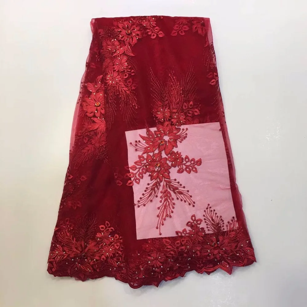 

Latest design popular African Laces Fabrics Embroidered French Net Lace Fabric wine color beautiful style Nigeria Tulle Fabric
