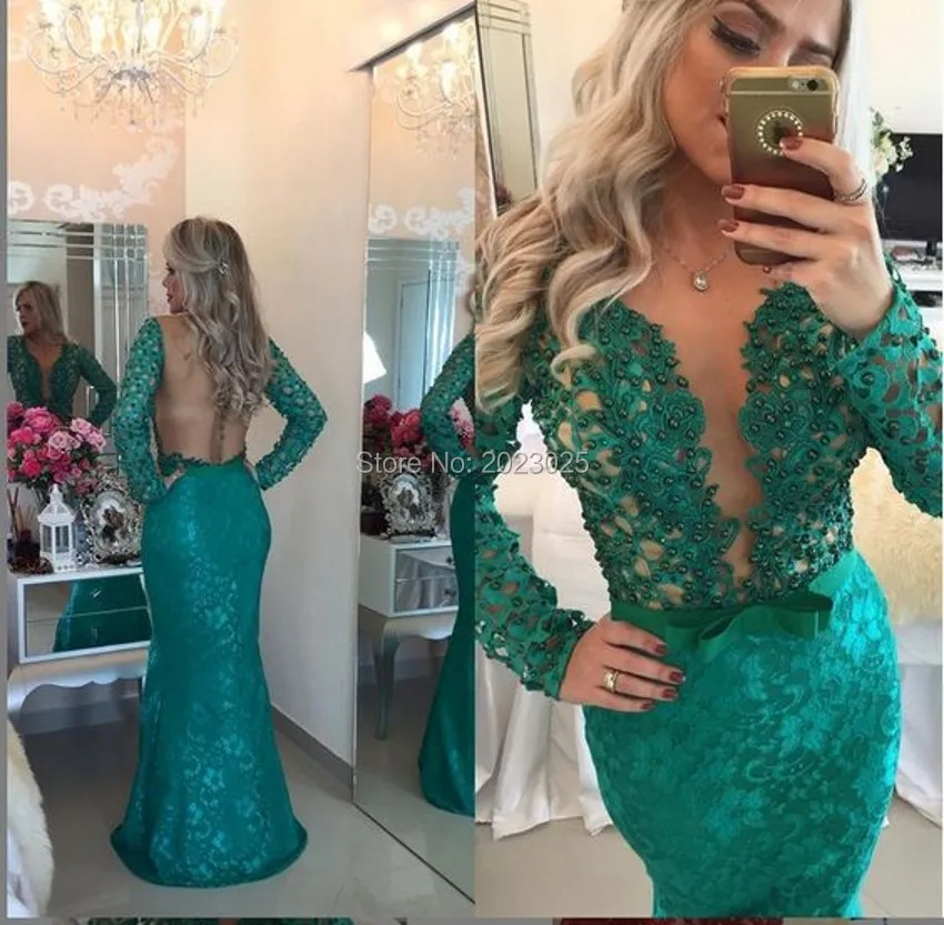 Sexy Jewel Neck Long Mermaid Prom Dresses 2017 Green Sheer Lace Pearls Evening Dress See Through Back Vestido de festa