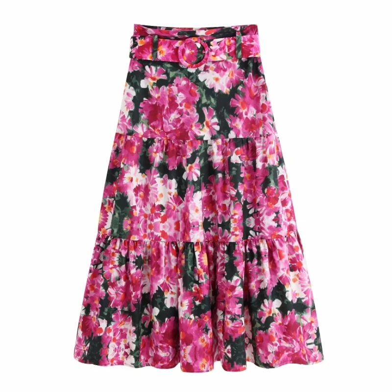 

Flower Printing Sashes Women Skirt Leisure Female Tiered Skirts 2019 Summer Lady Loose Longuette P1212