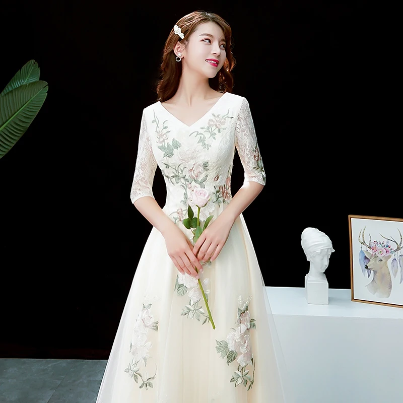Шампанское v-образным вырезом Вышивка платья невесты Robe demoiselle d'honneur Vestido madrinha гостей свадьбы праздничное платье