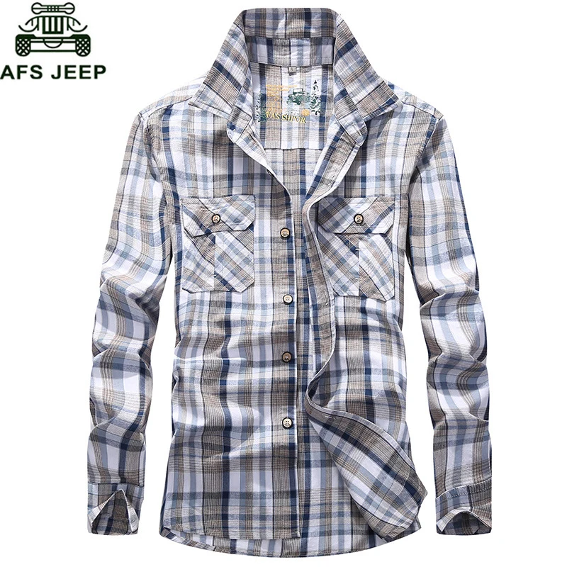 Günstige AFS JEEP Kariertes Hemd Männer Army Military Langarm Camisa Masculina Plus Größe 4XL 100% Baumwolle Lässige Herren Hemden Chemise homme