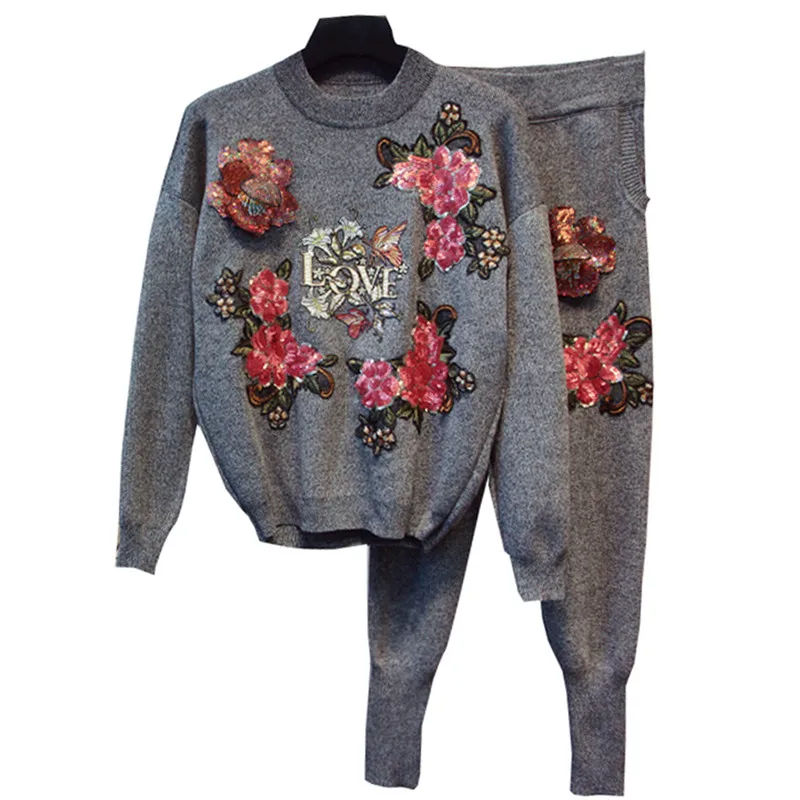 

Women Knitted Pants Set Autumn And Winter Womens Round Neck Long-sleeved Floral Clothing