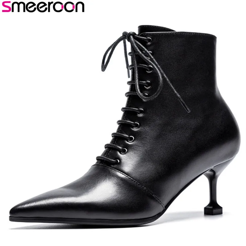

Smeeroon 2018 fashion style spring autumn boots women top genuine leather pointed toe high heels ankle boots high quality boots