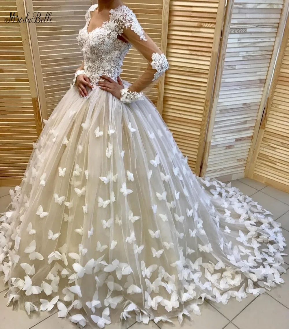 Modabelle 3D Цветы Арабский свадебное платье Vestidos De Noiva Princesa с длинным рукавом v-образным вырезом Тюль свадебное платье Vestido De Gala