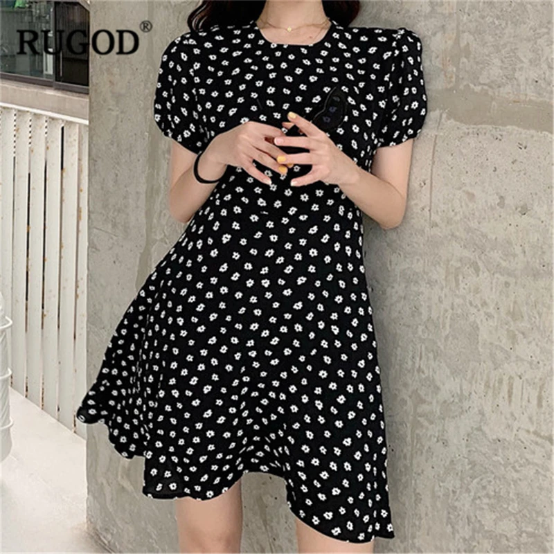 

RUGOD 2019 New Arrival Women Floral Dress O-neck Short Sleeves Tunic A-line Chrysanthemum Vestidos Vintage Casual Plain Mujer
