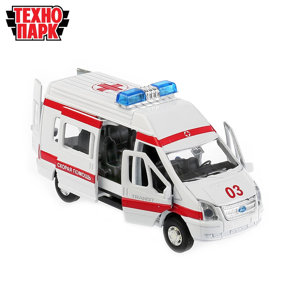 Машина ТЕХНОПАРК FORD TRANSIT Скорая помощь масштаб 1:32 металлический корпус