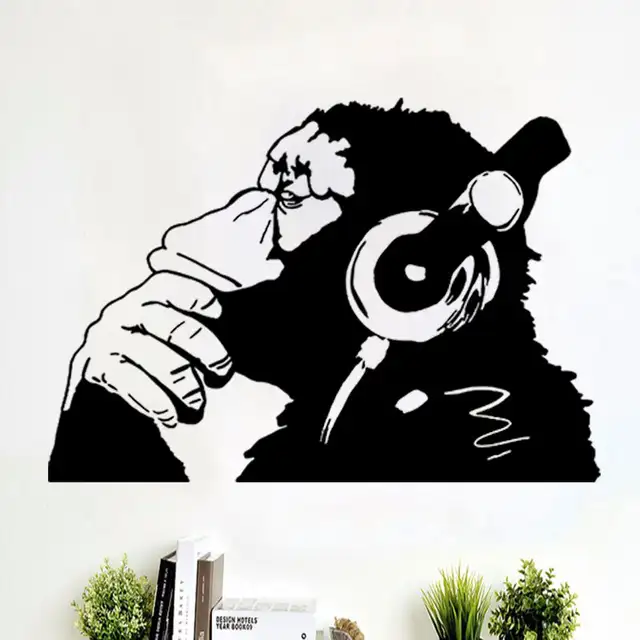 Us 59 Dipinti Banksy Vinile Adesivo Scimmia Con Cuffieun Colore Chimp Lascolto Di Musica In Auricolaristreet Graffiti Sticker In Adesivi Murali