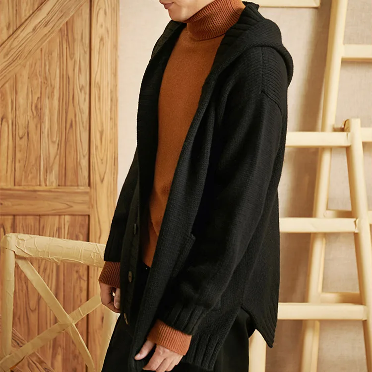  100%hand made pure wool hooded knit men fashion solid loose single breasted cardigan sweater one&ov