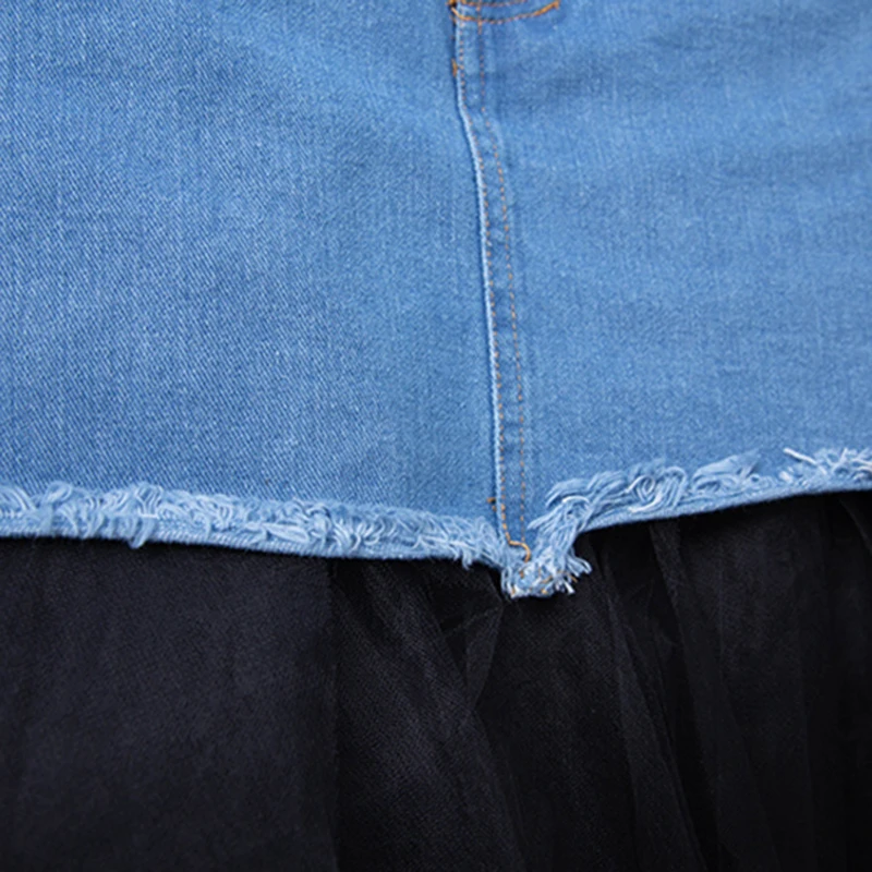 [LIVIVIO] джинсовая Лоскутная сетчатая юбка для женщин с высокой талией облегающая Сексуальная Длинные юбки-пачки Повседневная Праздничная Женская пляжная юбка