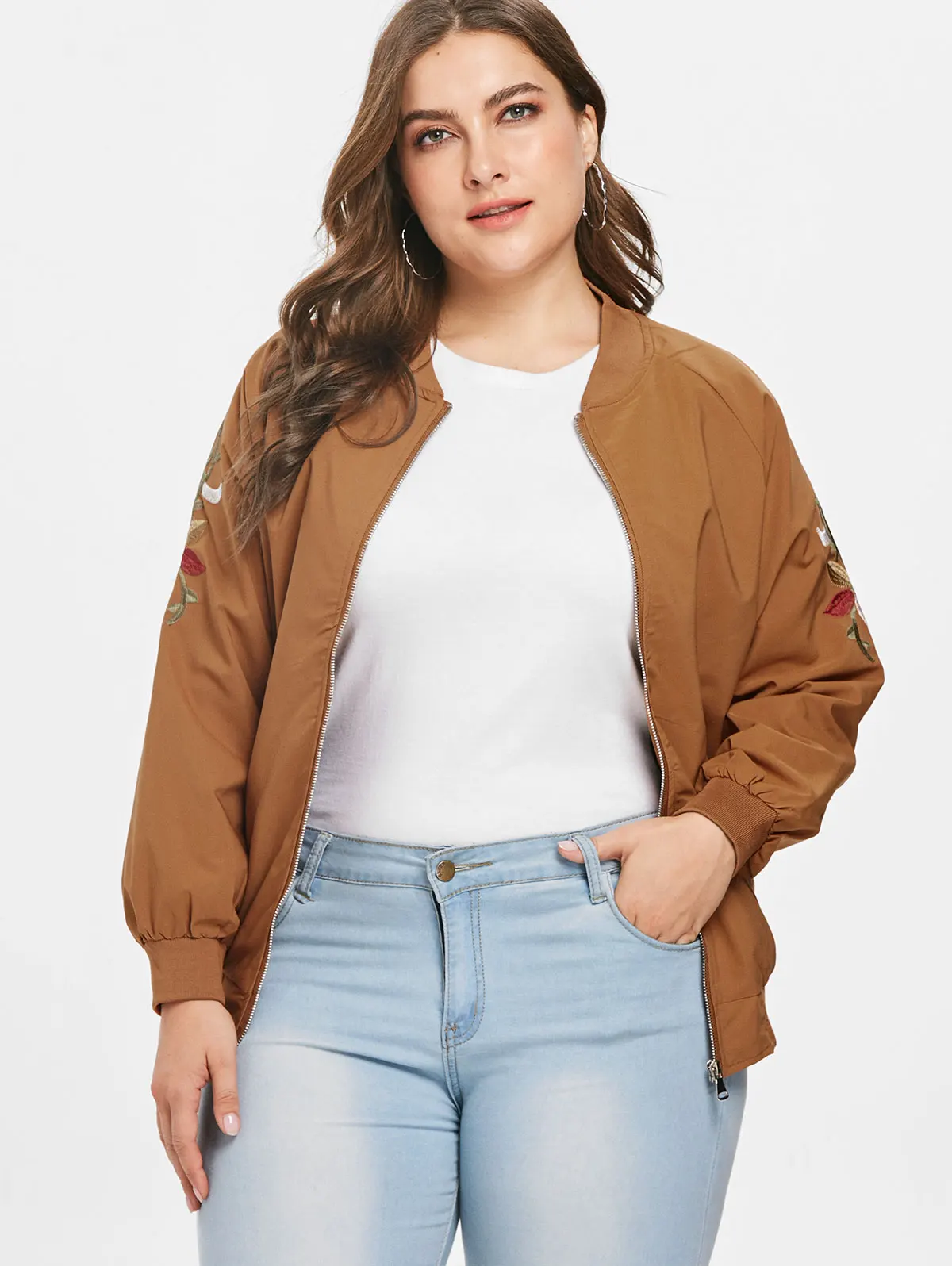 Kenancy Plus Size Sleeve Embroidered Pilot Jacket Full Sleeve Stand Up Collar Jacketsin Basic