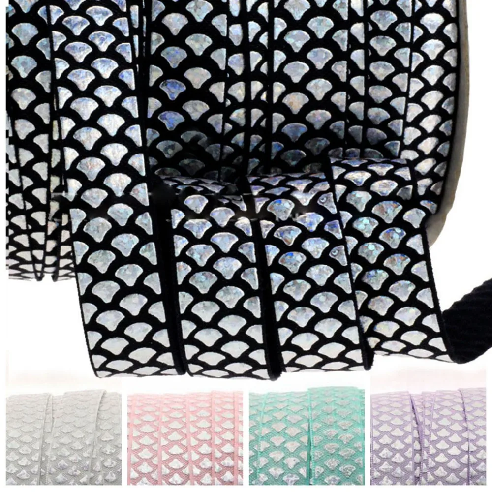 

5/8" hologram silver foil mermaid scale FOE Fold Over Elastic for handmade Hair Tie Headband Accessory welcome custom printed