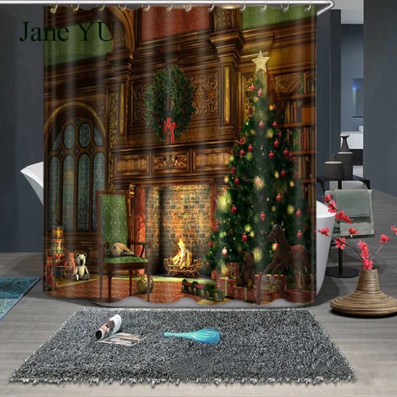 

JaneYU Christmas Stamp Shower Curtain 3D Photo Show Curtain