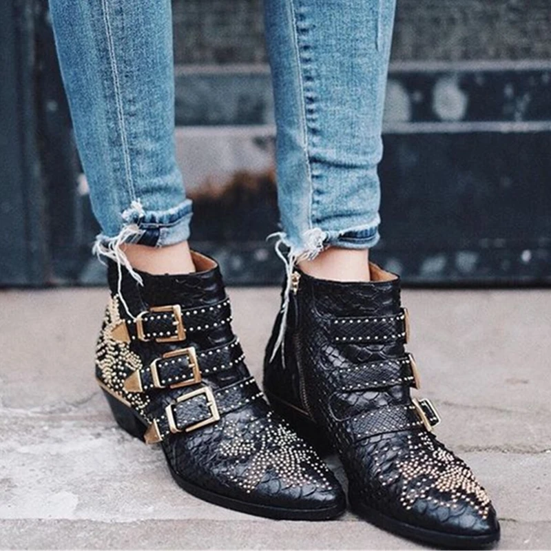 

New Susanna Studded GenuineLeather Ankle Boots Women Round Toe Rivet Flower Martin Boots Women Luxury Velvet Boots Zapatos Mujer