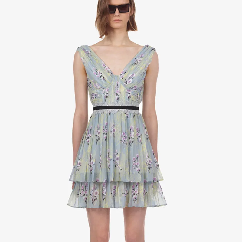 Printed Dress DEAT новые летние стили модная женская одежда тонкий v-образный вырез без рукавов кружева выдалбливают Высокая талия мини платья WG02909L - Цвет: Printed Dress