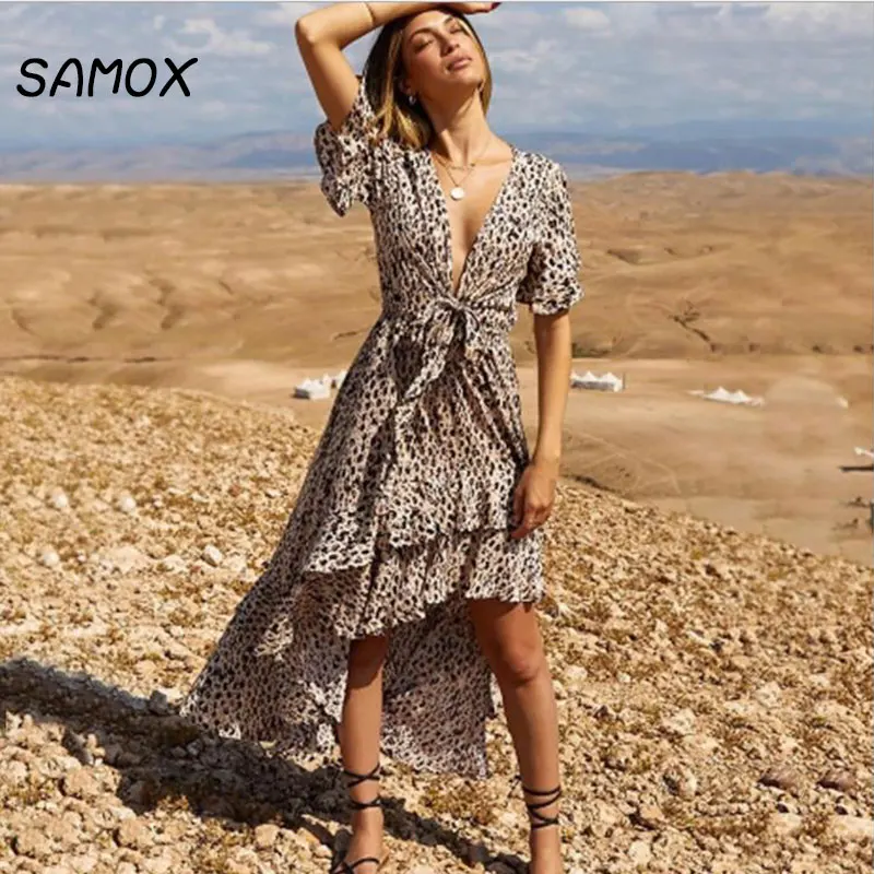 JSMY 2019 New Summer Fashion Women Leopard Printing V-neck Bow Irregular Swallowtail Chiffon Dress