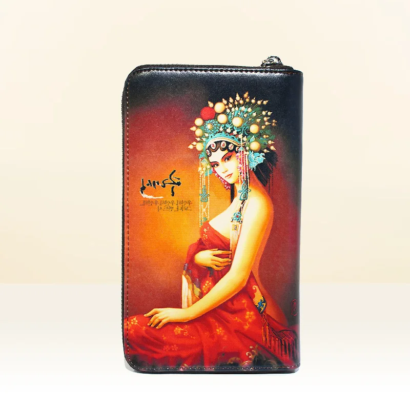 2016 Fashion Women Genuine Leather Chinese Opera Girl Freehand Painting Bag Wallet Card Money Holder Clutch Wallets Phone Pocket