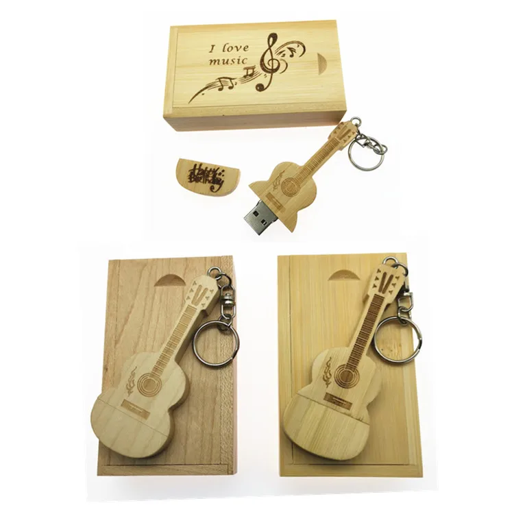 

LOGO customized wooden guitar + box + Key Chain pendrive 4GB 8GB 16GB 32GB wood guitars usb flash drive memory stick gifts