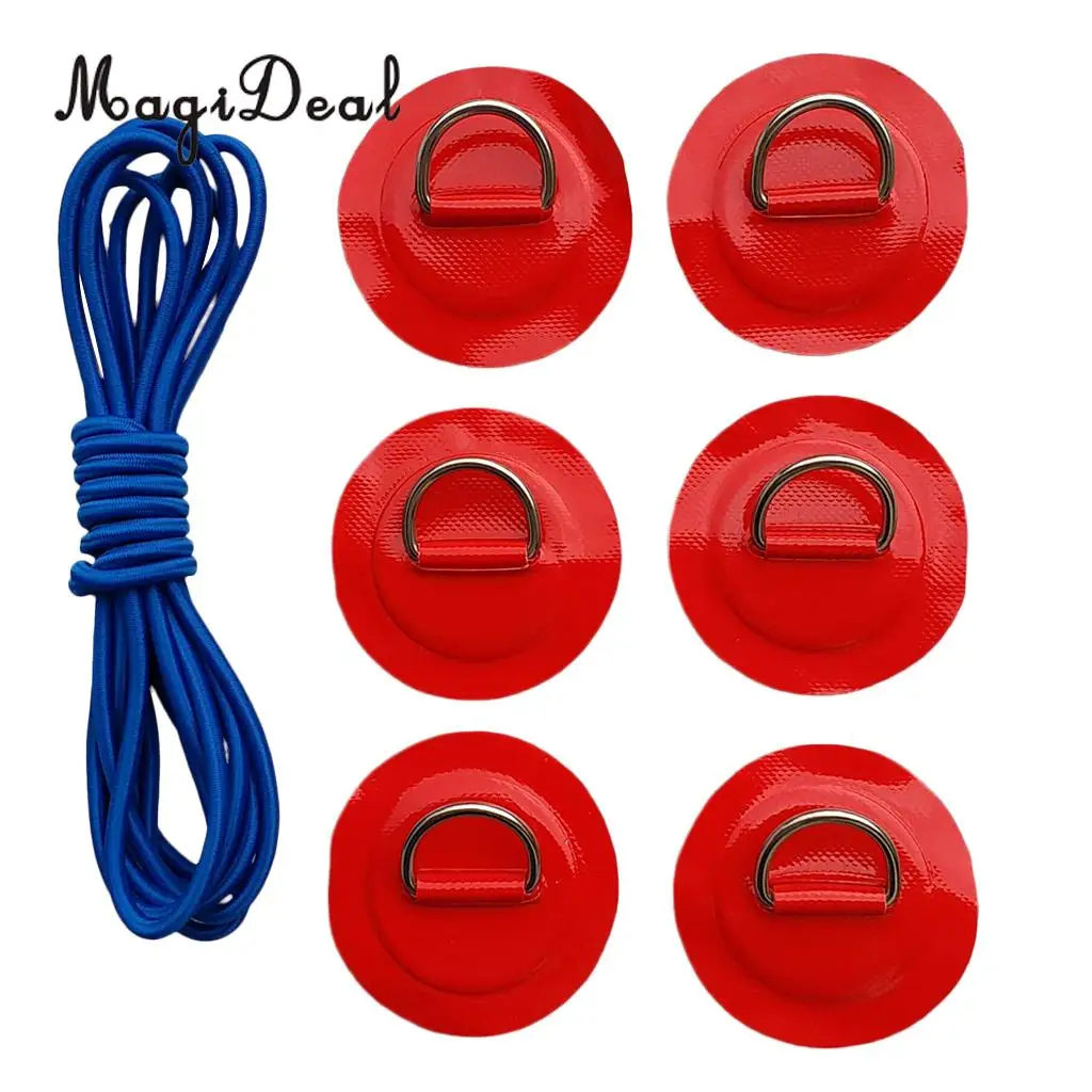 Pack 6 Stainless Steel D-Ring Patch/Pad & 5mm x 5m Elastic Shock Cord Rope for PVC Inflatable Boat Kayak Raft Dinghy - 6 Colors