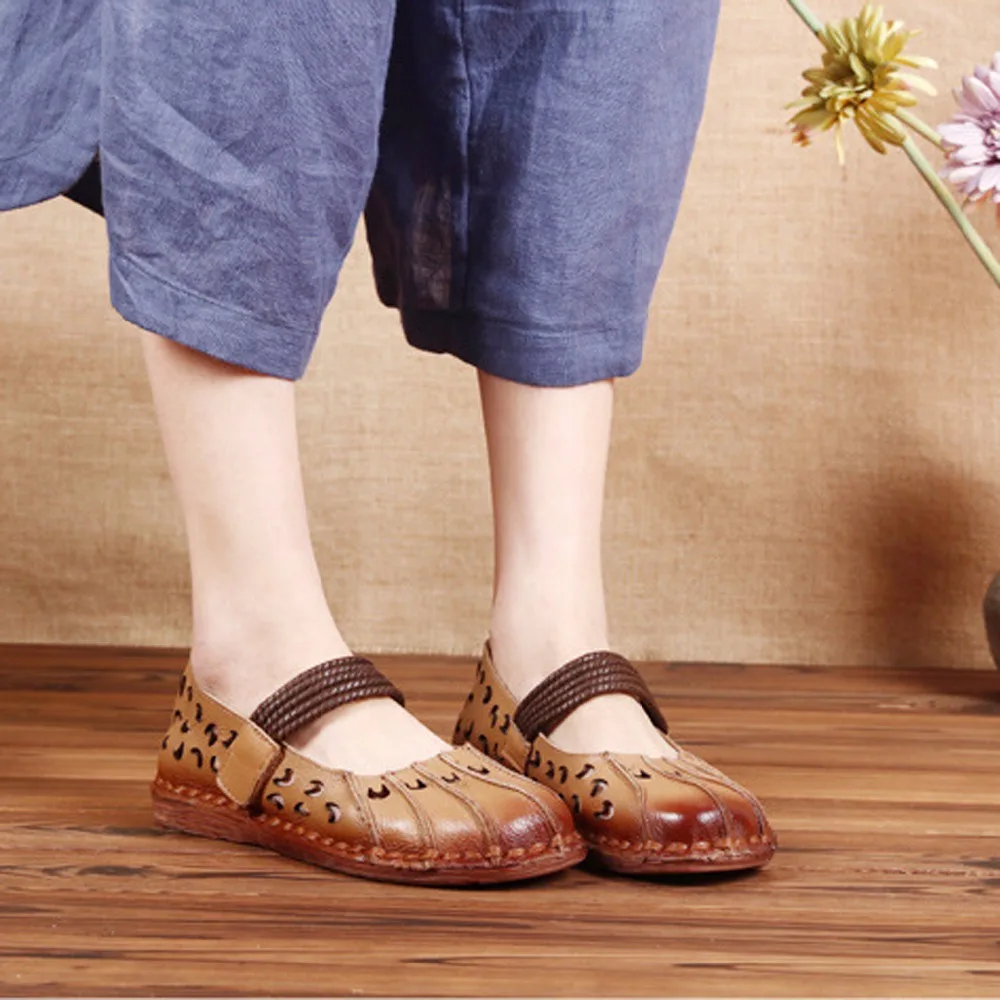 

Women' s Sewing Cow Natural Leather Slip-On Flats Casual Summer Round Toe Comfortable Shallow Rubber Hollow Shoes For Women 18