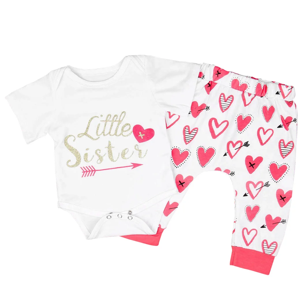 

2018 Sweet Heart Prints Summer 2PCS Newborn Baby Girls Set Letter Short Sleeve T Shirt + Long Pants Outfit