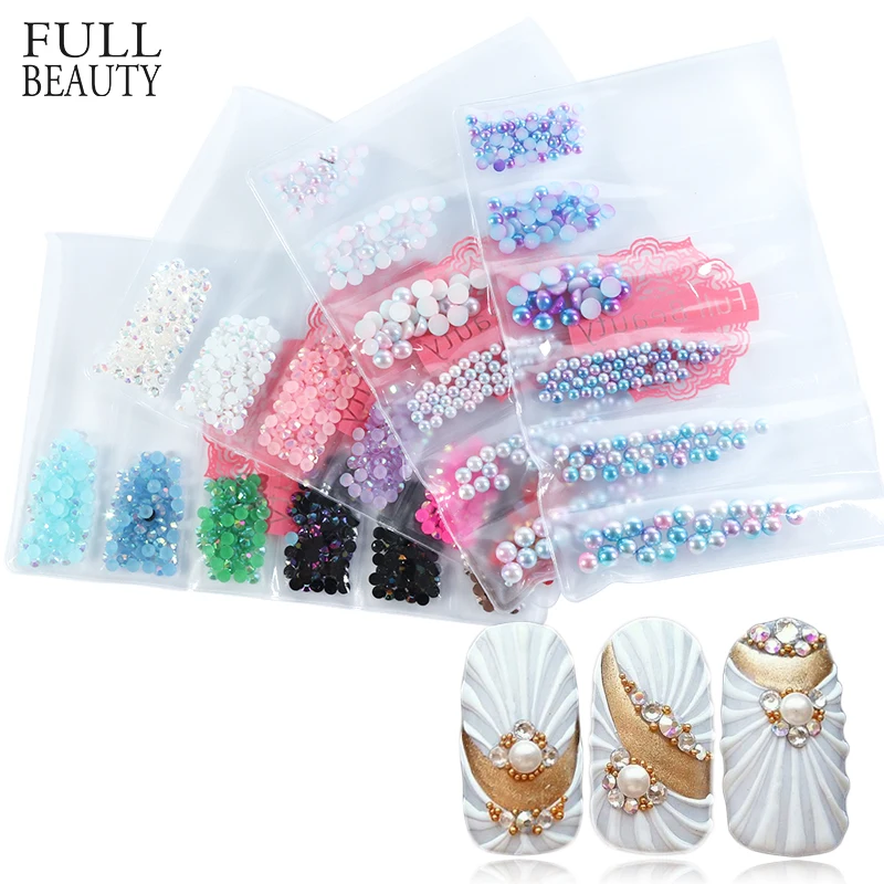 

6 Grids/Pack 3D Gradient Mermaid Pearls Jelly Rhinestone Nail Art Decoration Studs Mixed Flame Clear AB DIY Shell Manicure CH711