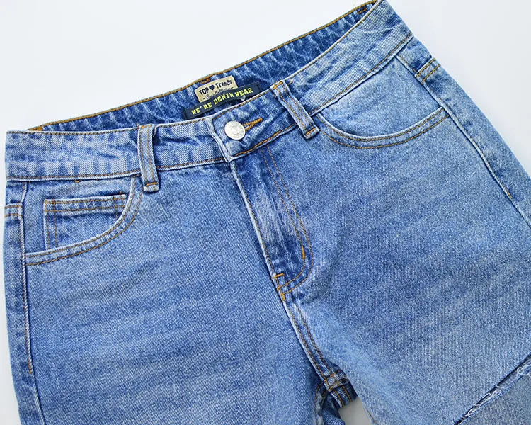Новый Высокая талия свободные прямые джинсы девять минут брюки сломанные колени воды промывают уличная мода в осень и зима
