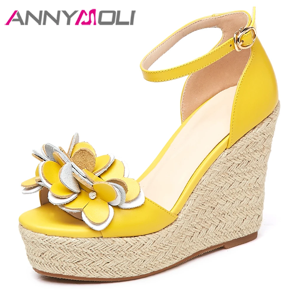 

ANNYMOLI Women Shoes Summer Sandals Ankle Strap Platform Wedge Heel Shoes Cow Leather Flower Sandals Ladies Sweet Footwear 39