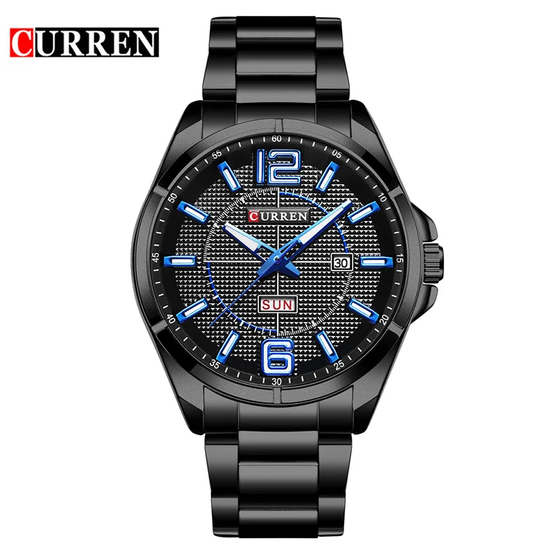 

CURREN Cool Blue Hands Week Calendar Black Stainless Steel Military Men Watch Top Brand Luxury Quartz Man Sport Watch Male Clock