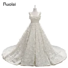 Real Photo Luxury Wedding Dresses Long Full Pears Beaded Ball Gown Bridal Dress Court Train Flowers Robe de Mariage 2017 WS41