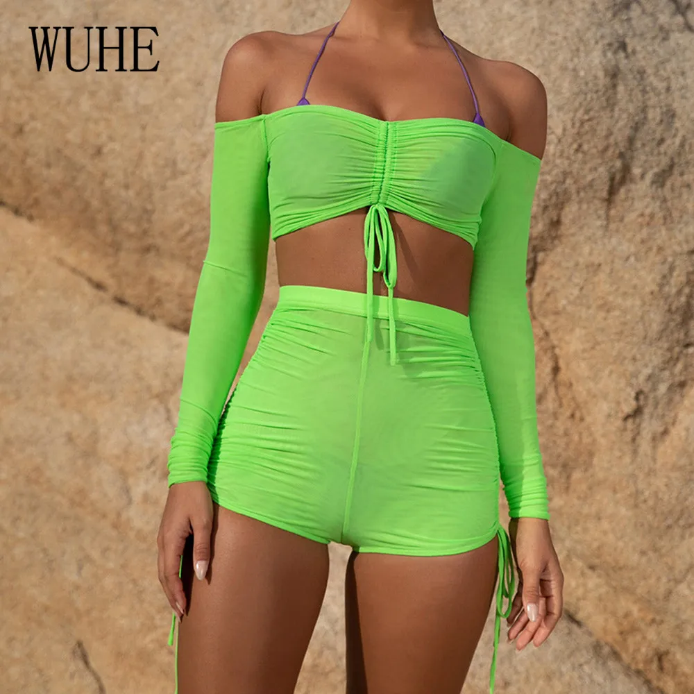 WUHE Sexy Playsuit Neon Green Mesh Party Club Bodycon Overalls Off Shoulder Long Sleeve Two Piece Shorts Rompers Womens Jumpsuit WUHE Sexy Playsuit Neon Green Mesh Party Club Bodycon Overalls Off Shoulder Long Sleeve Two Piece Shorts Rompers Womens Jumpsuit