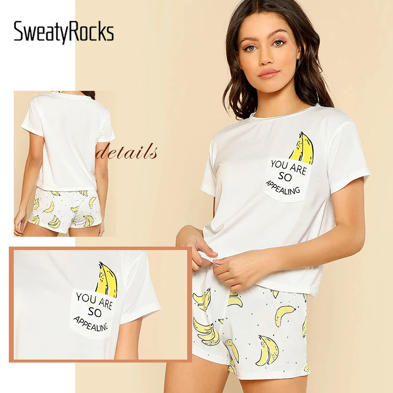 SweatyRocks, принт банана, карман спереди, топ с шортами, пижамный комплект, Kawaii, эластичные бежевые Пижамы, женские летние Пижамные комплекты
