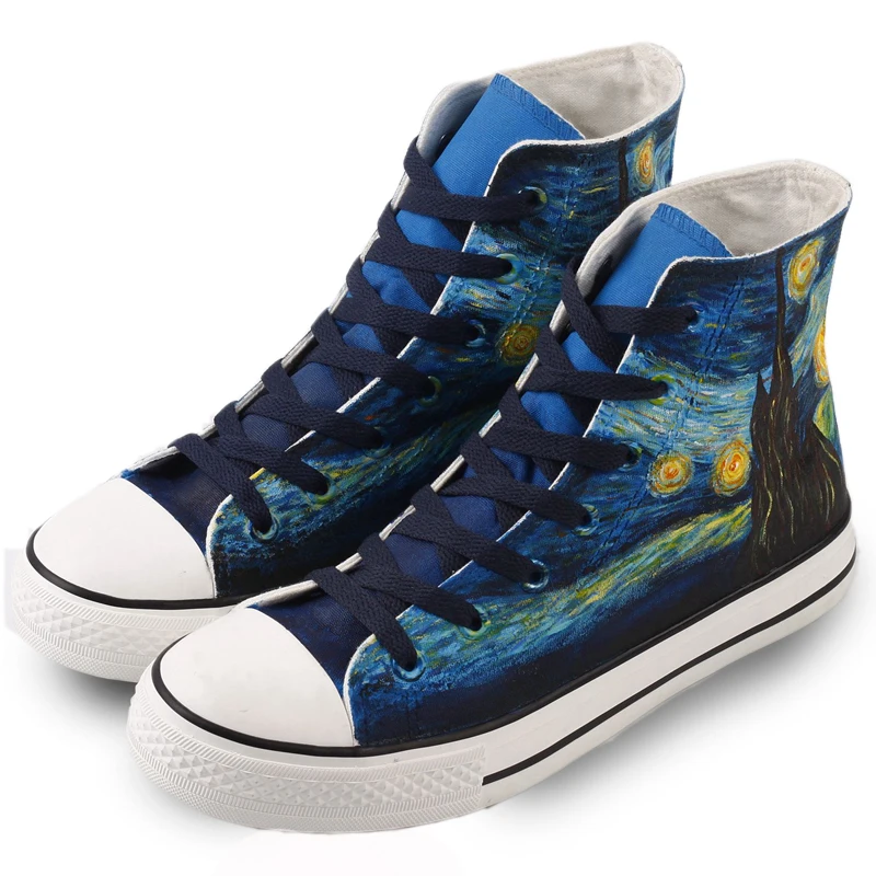 

Fashion Canvas Hand-painted Original Design Blue Starry Art High-Top Casual Women Plus Unisex Lace-Up Personality Flat Sneakers