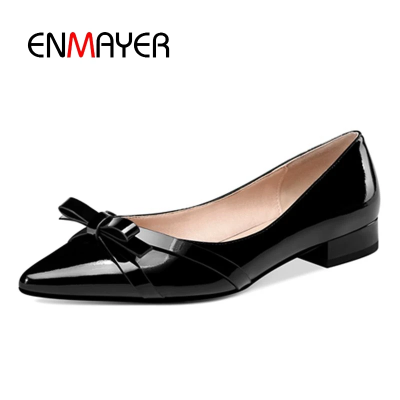 

ENMAYER Flats Shoes Woman Pointed Toe Size 33-40 Casual Shoes Ballet Flats Woman Shoes 2018 Spring Autumn Bowtie Leather CR1351
