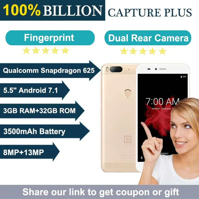 Мобильный телефон BILLION CAPTURE PLUS Android 7 1 3 ГБ ОЗУ 32 Гб ПЗУ Snapdragon 625 FHD экран Touch ID 3500 мАч 4G