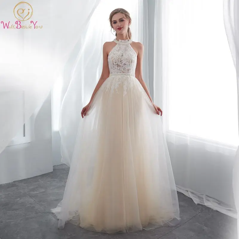

Pearls Halter Neck Prom Dresses White Long Full Women A Line Elegant Lace Simple High Quality New Formal Evening Party Gowns