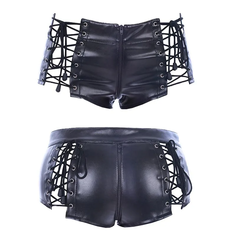 

Sexy Female Faux Leather Underpants Riveted Lace Up Zipper Opening Crotch Punk Rock Shorts Night Club Disco Costume Free Size