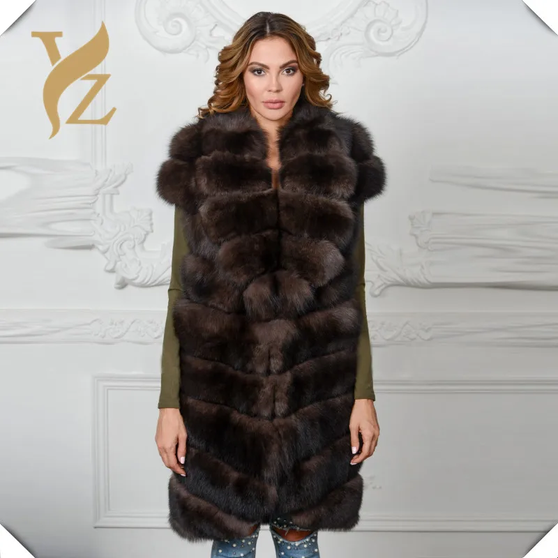 

New 90cm Real Fox Fur Coats Long Vest Of Dark Sable Color For Women With Gigh-end Turn-down Collar Great Collar High Quality Fur