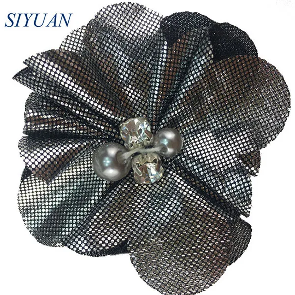 2-gunmetal 10 шт./лот, розничная, 2,2 дюймов, металлический блестящий тканевый цветок, стразы, жемчуг, заколка для волос, детский головной убор, аксессуары TH235 - Цвет: 2-gunmetal