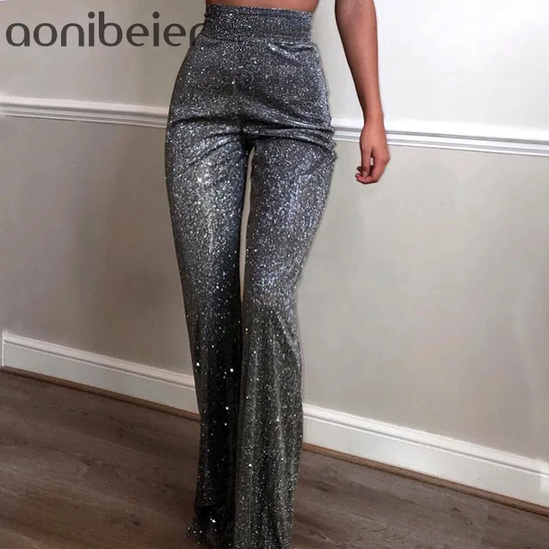 

Aonibeier Spring Fashion Metallic Shiny Women Trousers Streetwear Girls High Waist Glitter Wide Leg Pants Female Long Pants