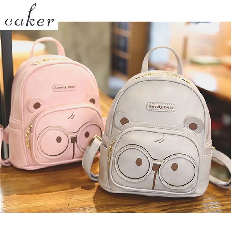 

Caker 2017 Women Pink Backpacks PU Mini Letter Bear Print Preppy Style School Bag For Teenagers Fashion Lady Zipper Travel Bags